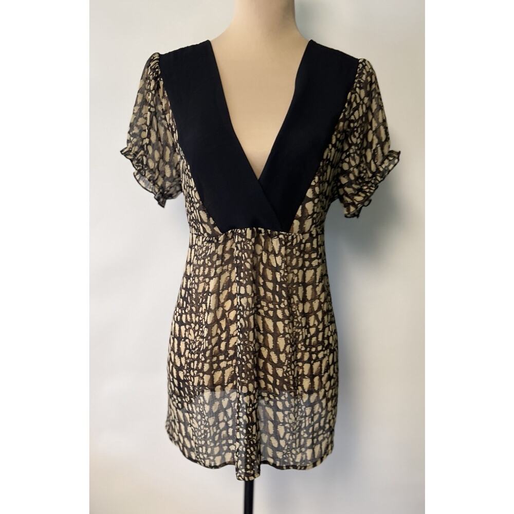 Vintage Y2K Baby Doll Animal Print Puff Sleeve Top Large Tie Back Grunge‎ sheer